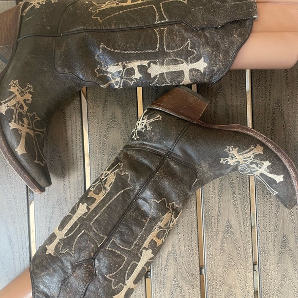 CIRCLE G Brown Leather CROSS Snip Toe COWGIRL Boots 8.5M - Picture 6 of 11